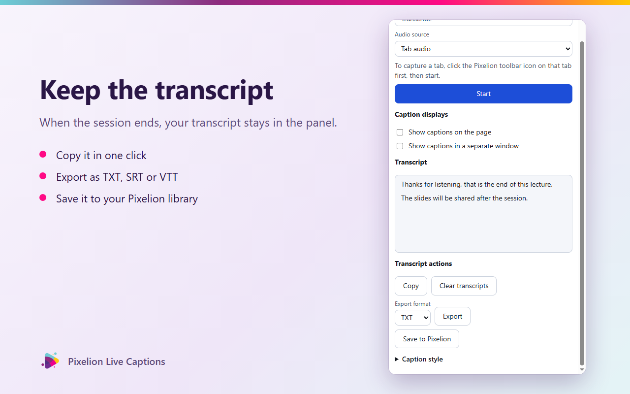 Pixelion Live Captions transcript actions: copy, clear, and export as TXT, SRT, or VTT, plus save to Pixelion
