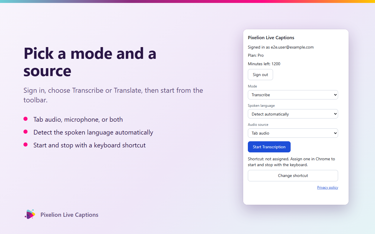 Pixelion Live Captions popup showing Transcribe and Translate modes, automatic language detection, and tab, microphone, or both as the audio source