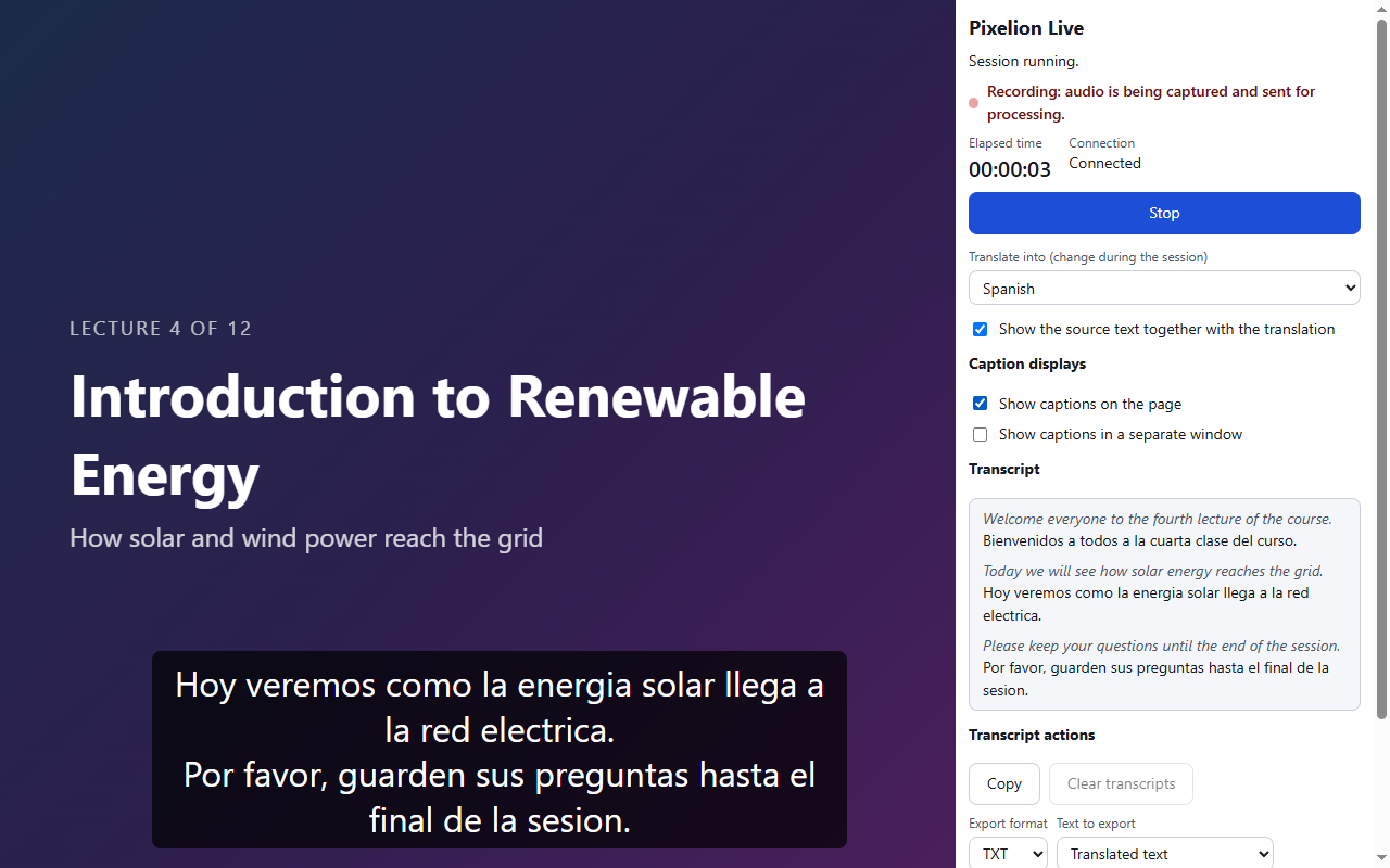 Pixelion Live Captions translating a spoken lecture into Spanish, with the original English shown alongside the translation