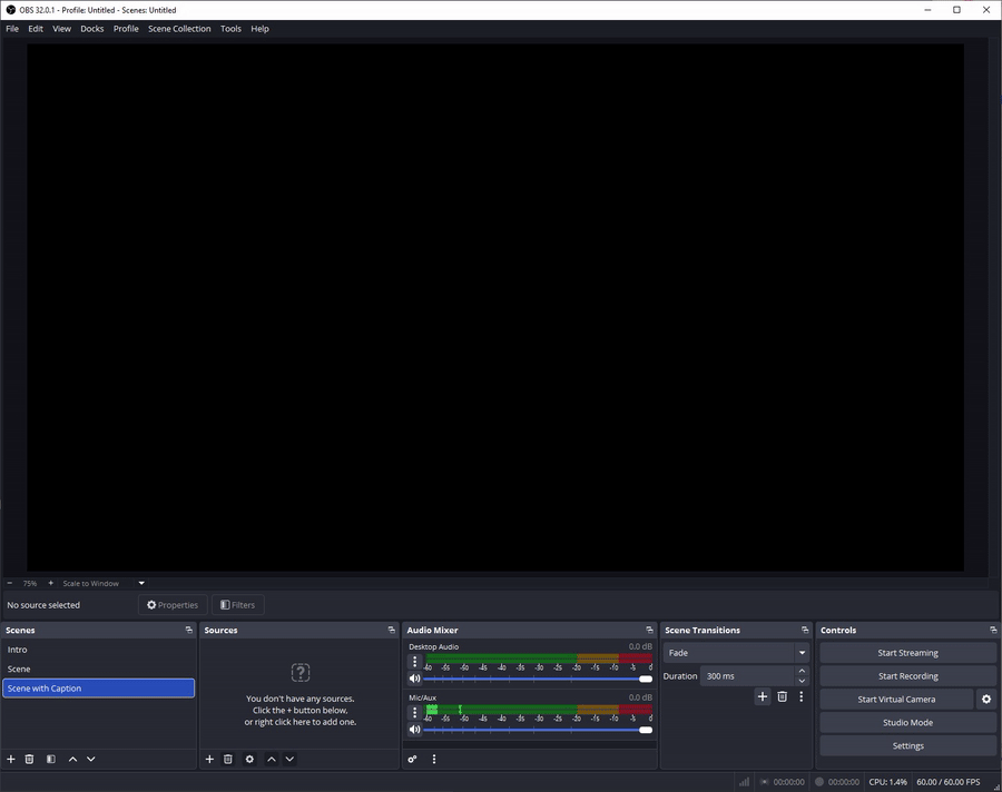 Installing Pixelion Captions and opening it from the Docks menu in OBS Studio