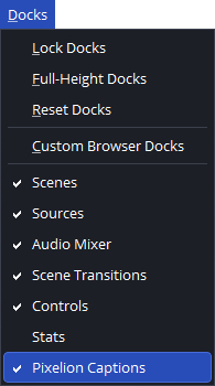 The Pixelion Captions dock in OBS, showing the account panel, Transcribe or Translate modes, speech language, and the Start button