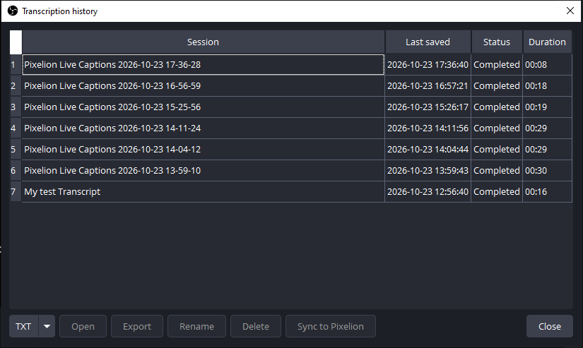 The Pixelion Captions transcription history window listing past sessions with Open, Export, Rename, Delete, and Sync to Pixelion actions