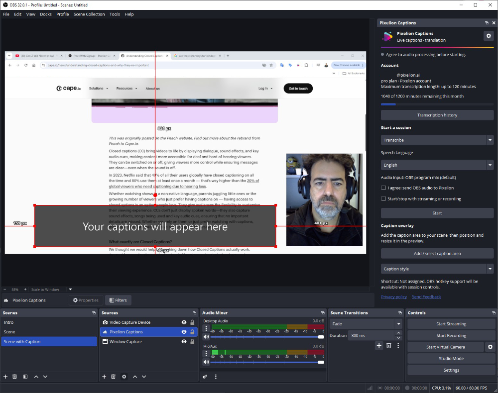 An OBS scene with a Pixelion Captions source placed over a webcam and browser capture, with the caption area being positioned in the preview