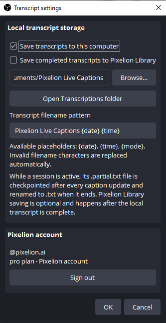 Pixelion Captions transcript settings, showing the local save folder, the filename pattern, and the optional Save to Pixelion Library setting