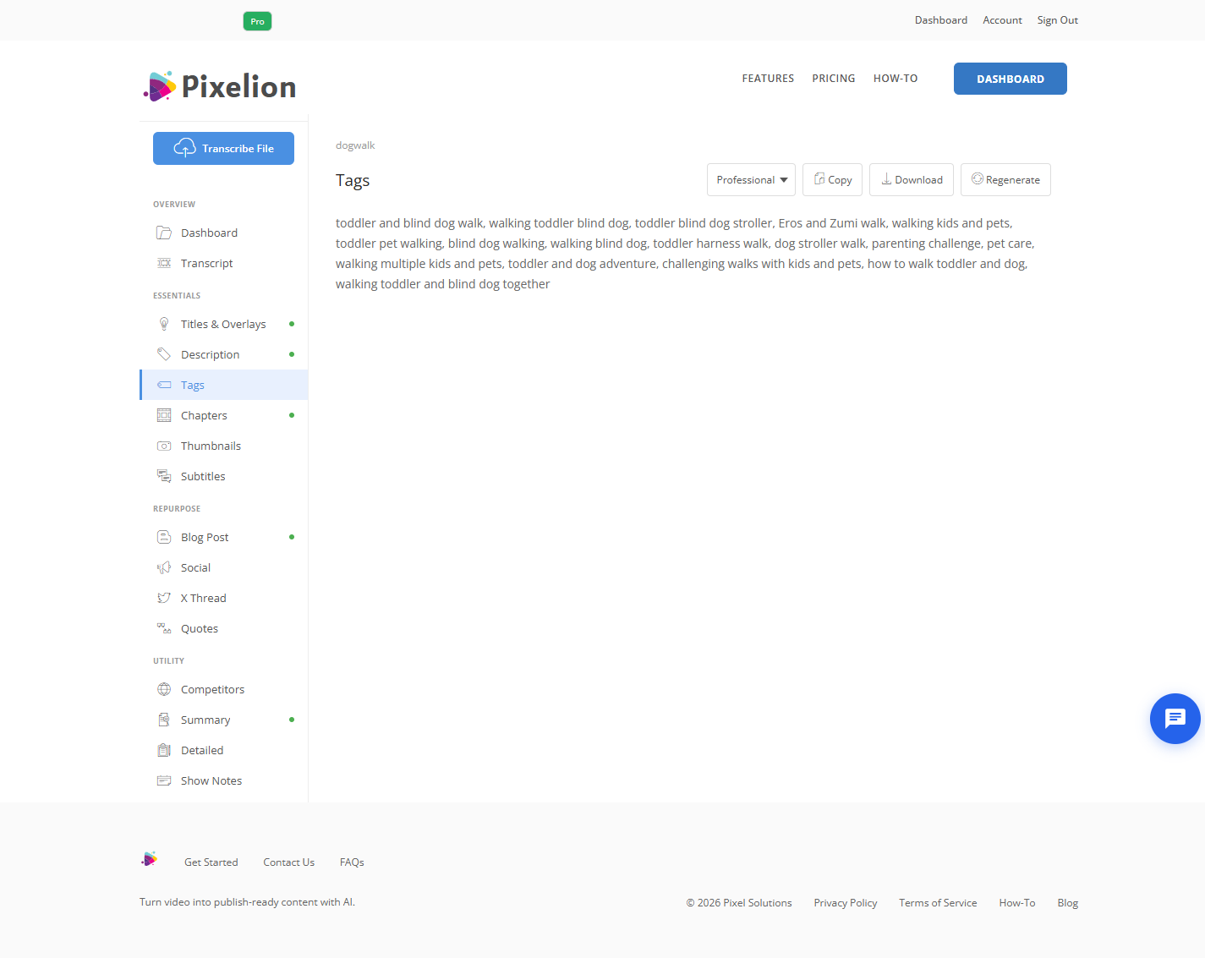 Pixelion video tags generated from the language used in the transcript