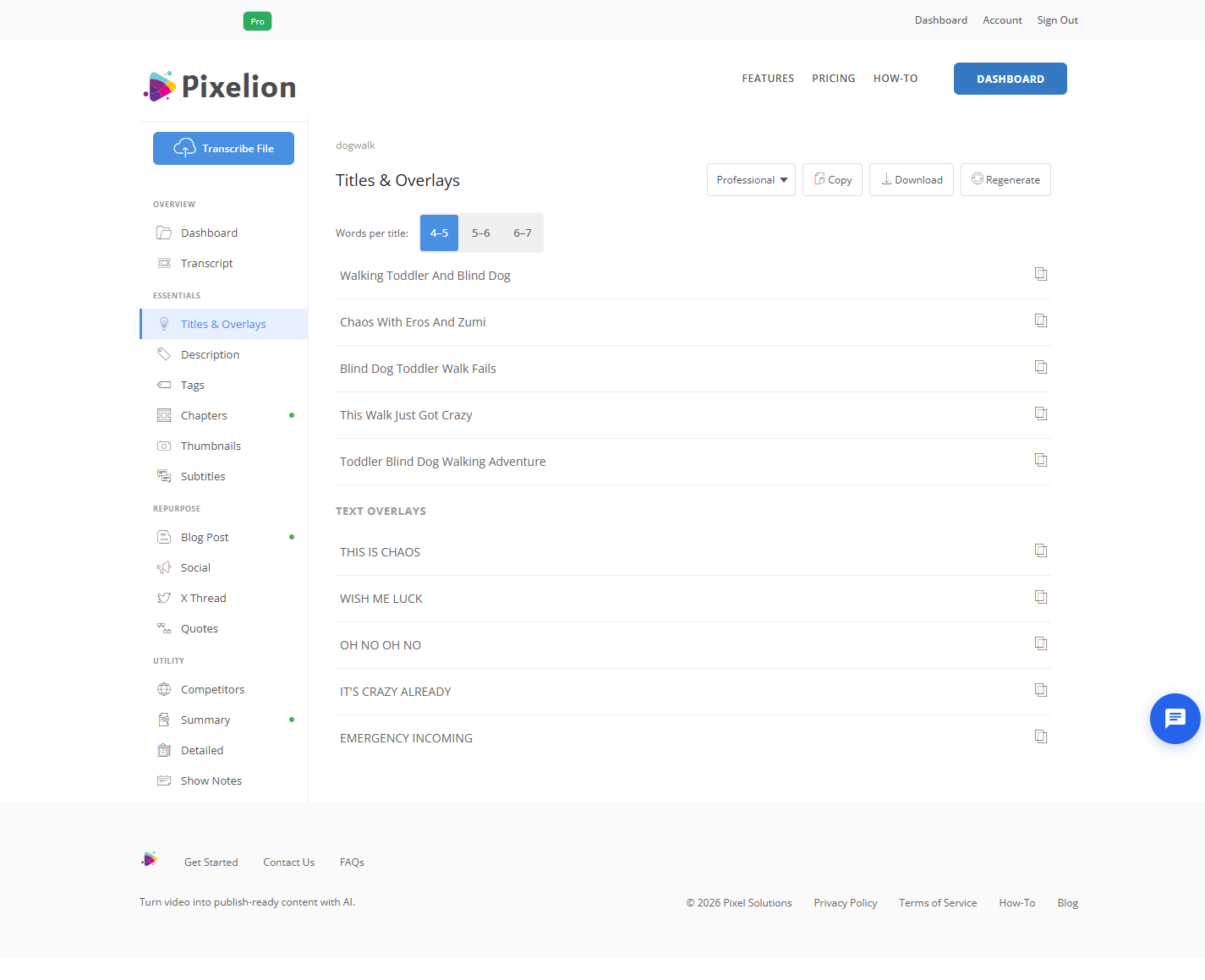 Pixelion title suggestions and thumbnail text overlays generated from a transcript