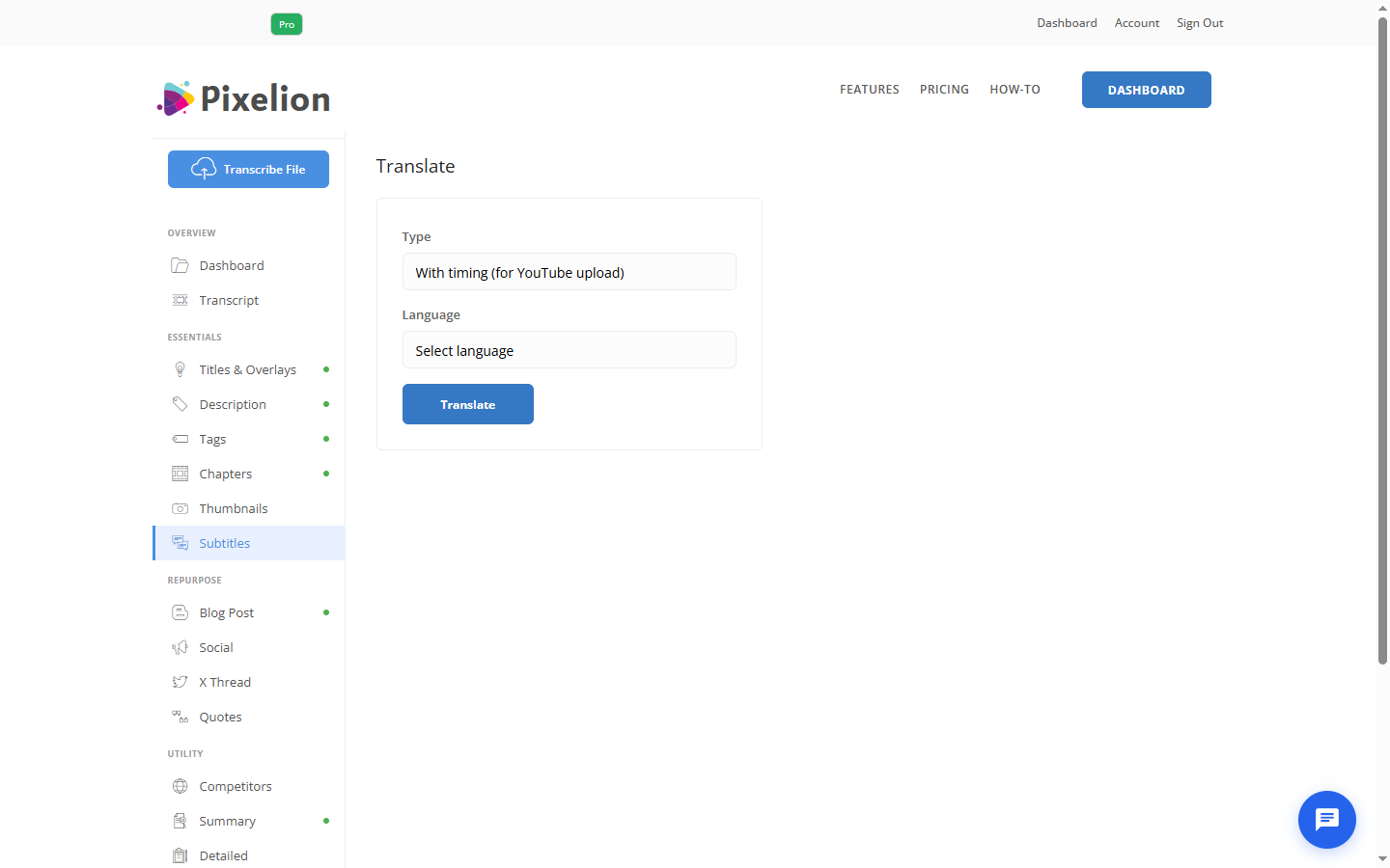 Pixelion subtitle translation options: type and target language