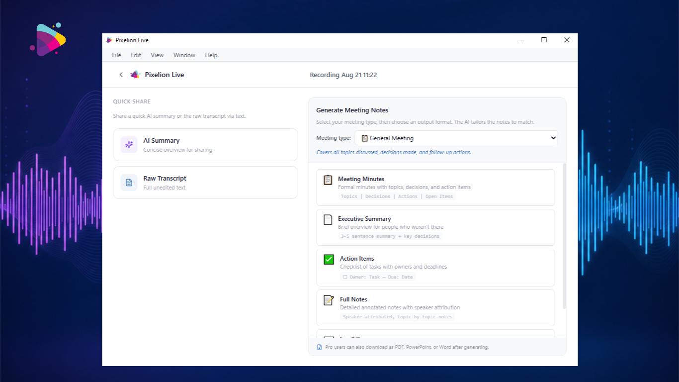 Meeting intelligence in Pixelion Live