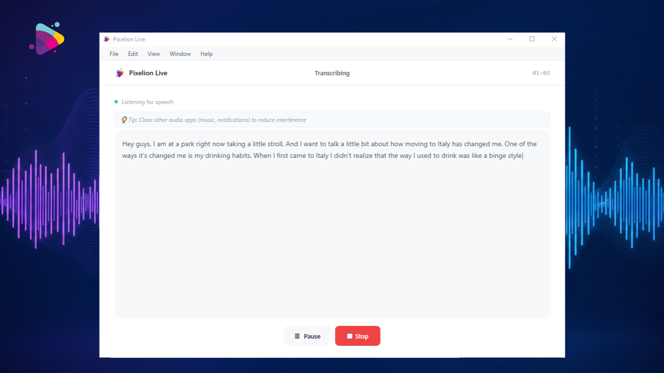 Live transcription in Pixelion Live