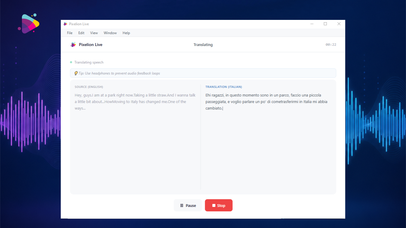 Real-time translation in Pixelion Live